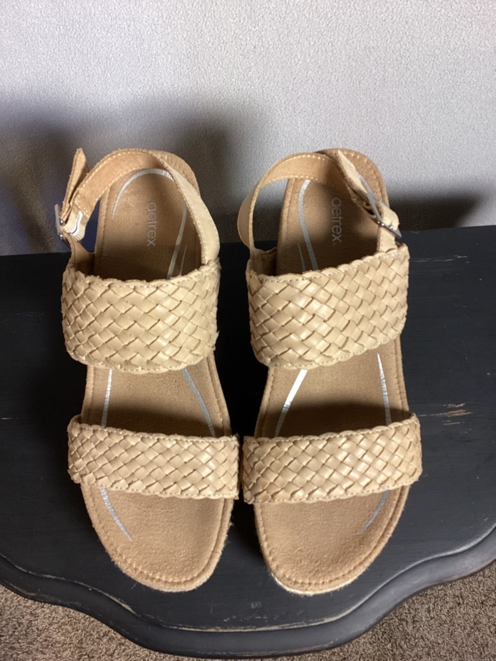 Aetrex Grace Woven Wedge Comfort Orthotic Sandal Leather Size 11 Neutral Taupe